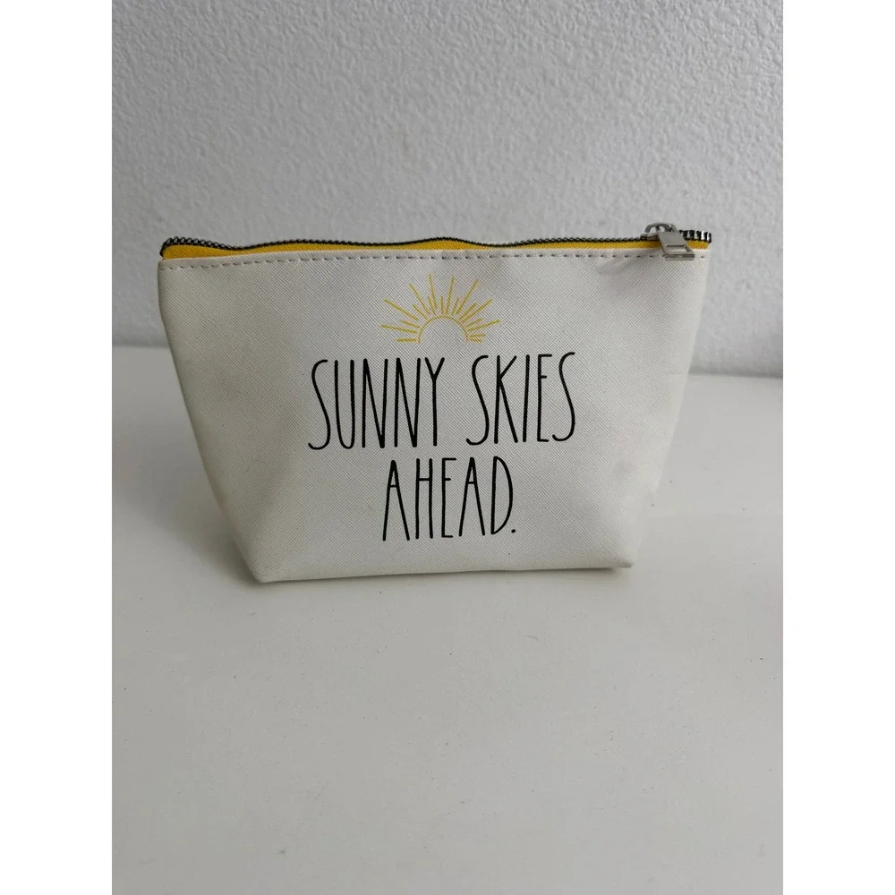 Rae Dunn Sunny Skies Ahead Makeup Bag White Yellow Zipper Pouch Cosmetic Travel